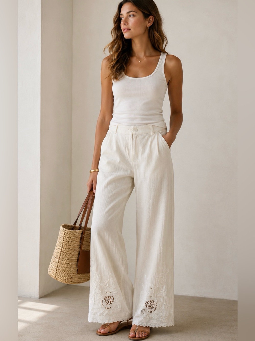 Maison d’Amélie White Linen Embroidered Wide Leg Pants Size US 2 NWT